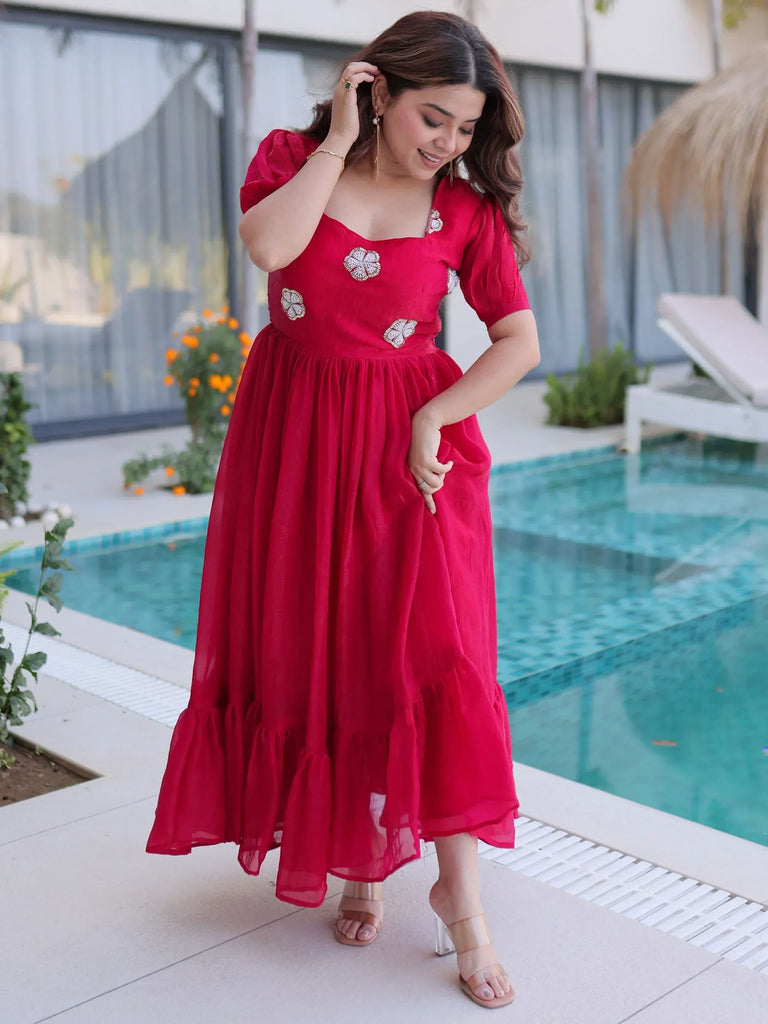 Red ethnic gown with floral embroidery, perfect for Indian occasions, poolside styling