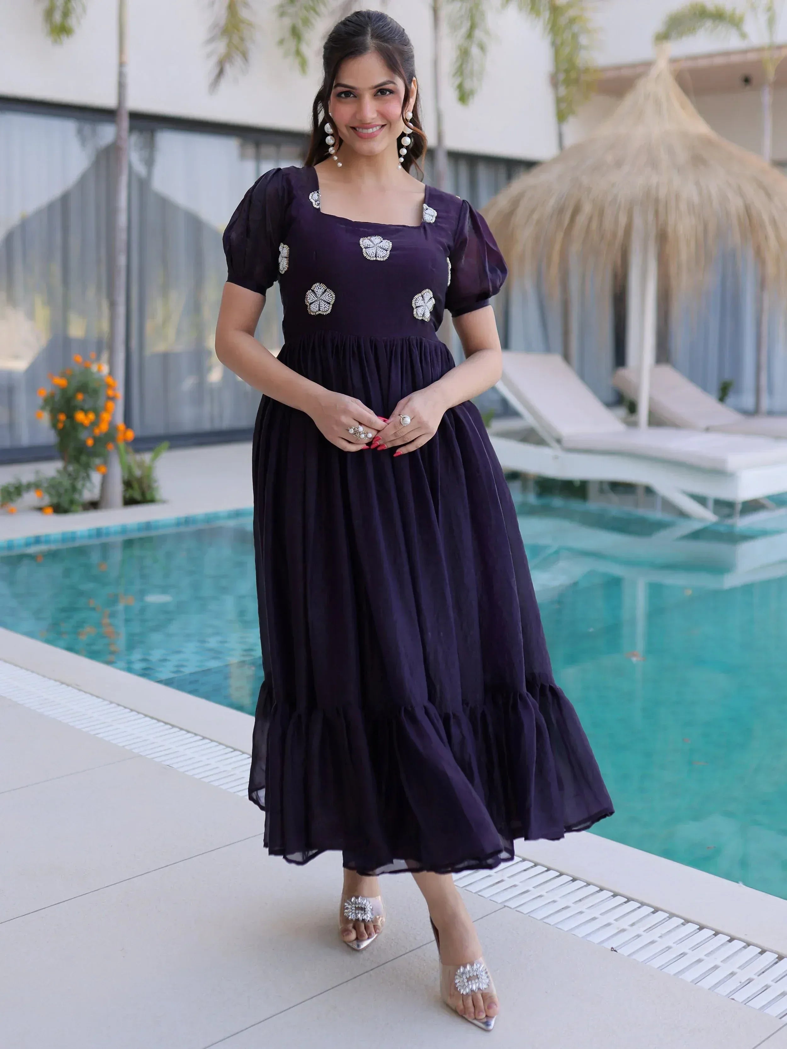 Wonderful Purple Beads Work Silk Casual Wear Dress 