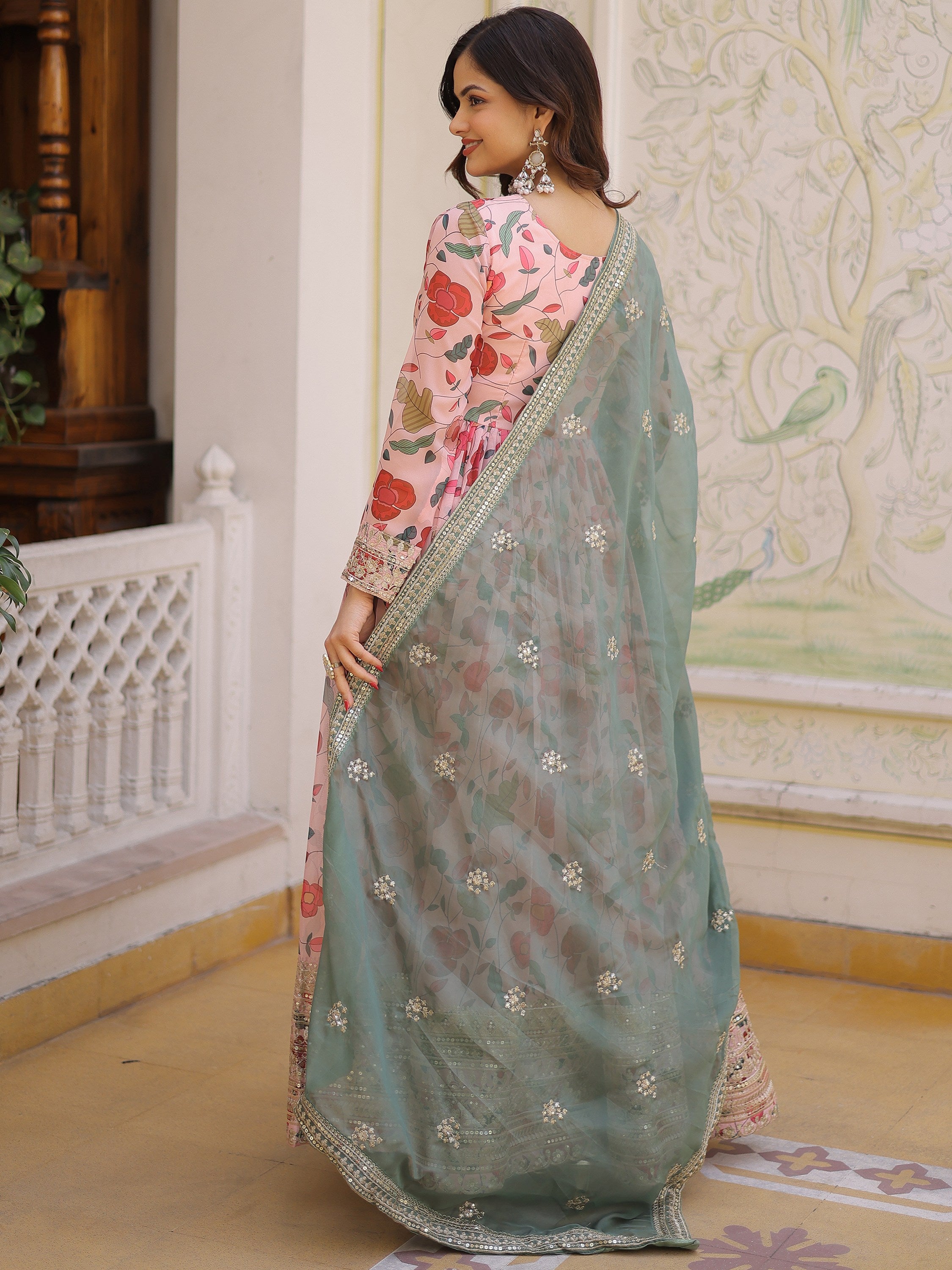 Stunning Pink Embroidered Silk Festival Wear Gown With Dupatta