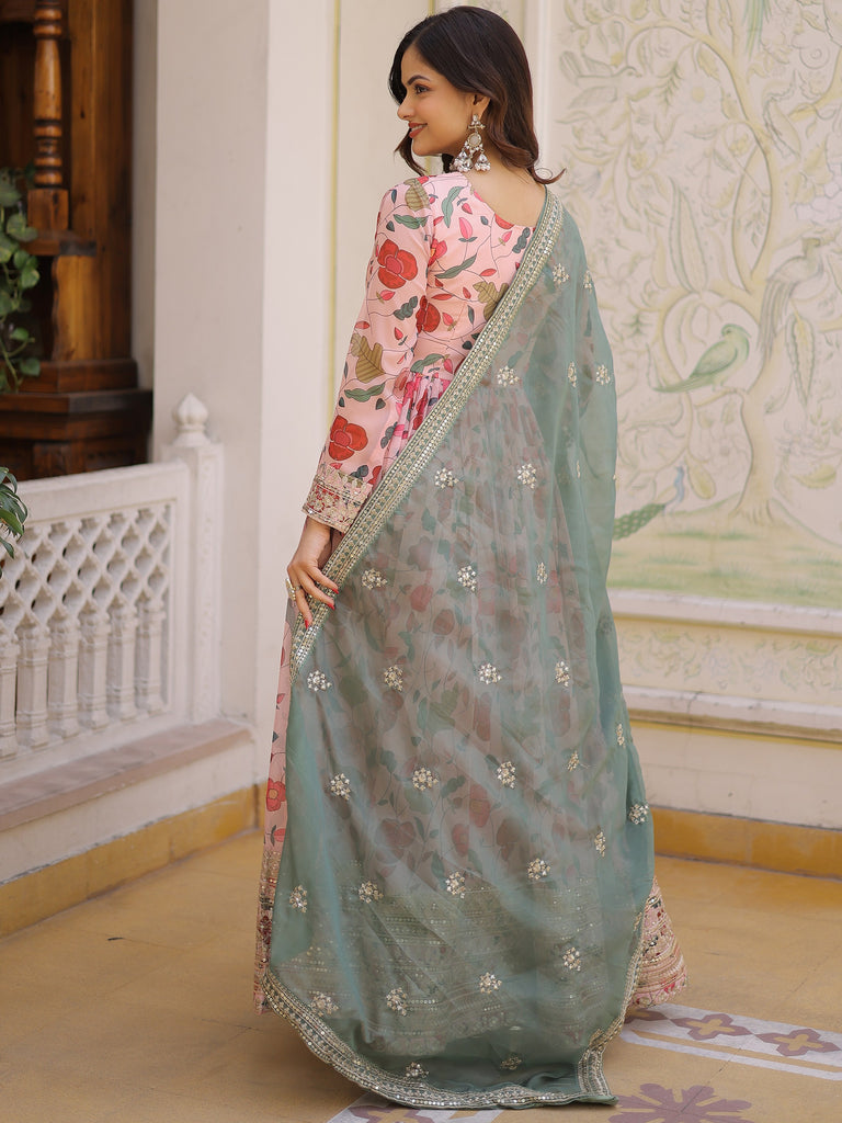 Stunning Pink Embroidered Silk Festival Wear Gown With Dupatta