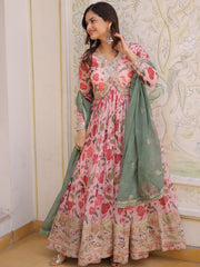 Stunning Pink Embroidered Silk Festival Wear Gown With Dupatta