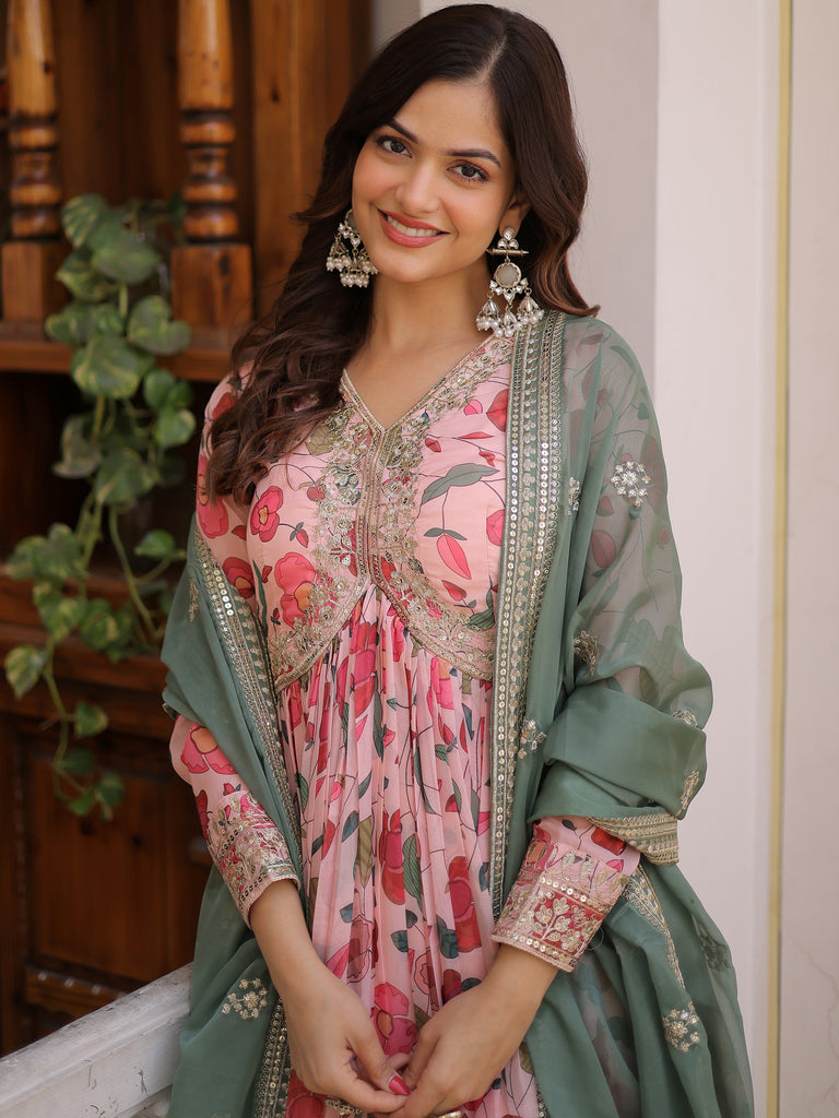 Stunning Pink Embroidered Silk Festival Wear Gown With Dupatta