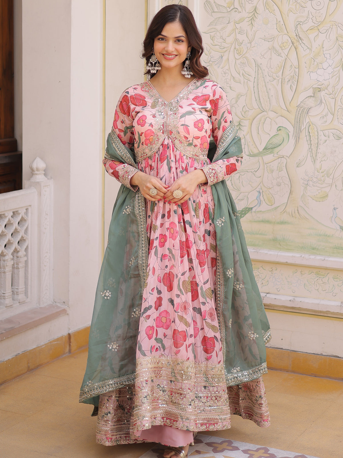 Stunning Pink Embroidered Silk Festival Wear Gown With Dupatta