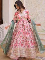 Stunning Pink Embroidered Silk Festival Wear Gown With Dupatta