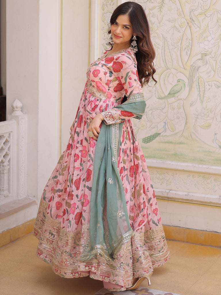 Stunning Pink Embroidered Silk Festival Wear Gown With Dupatta
