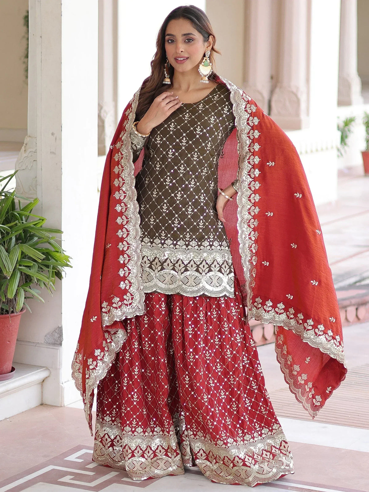 Elegant red and brown embroidered salwar kameez with sequin work and matching dupatta for festive occasions