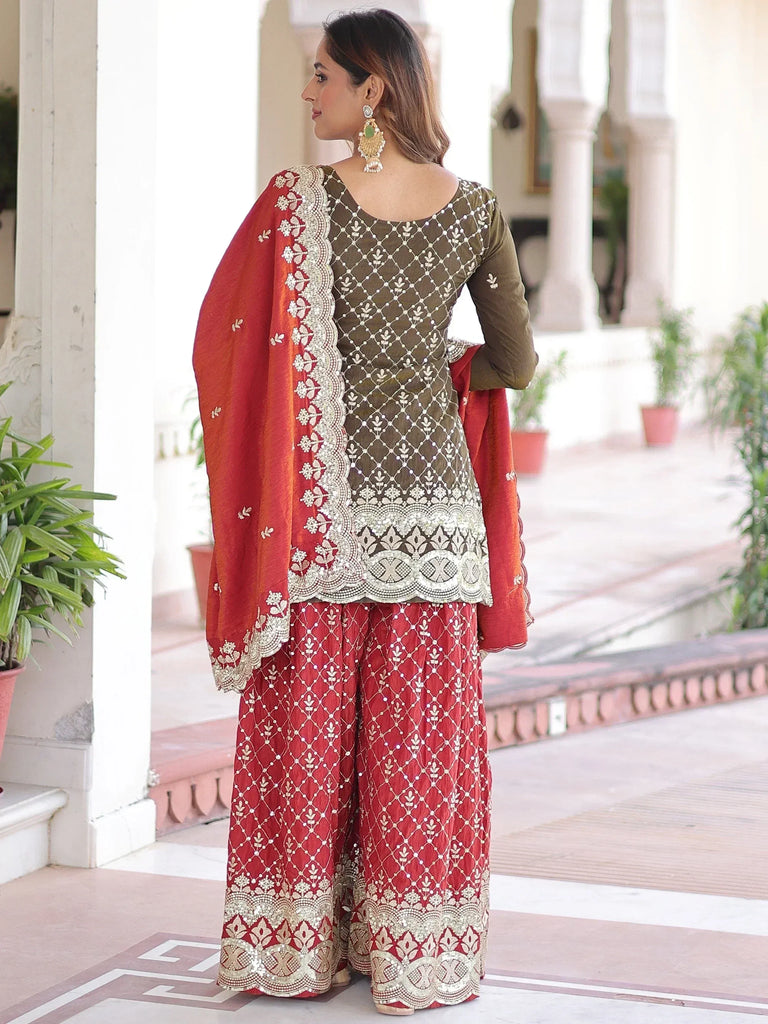 Red and olive green embroidered salwar kameez with matching dupatta, perfect for Indian ethnic occasions
