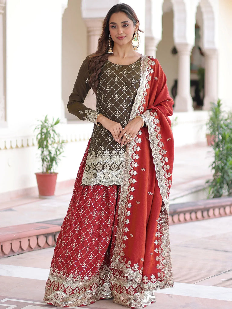 Wonderful Green And Red Embroidered Silk Function Wear Sharara Suit