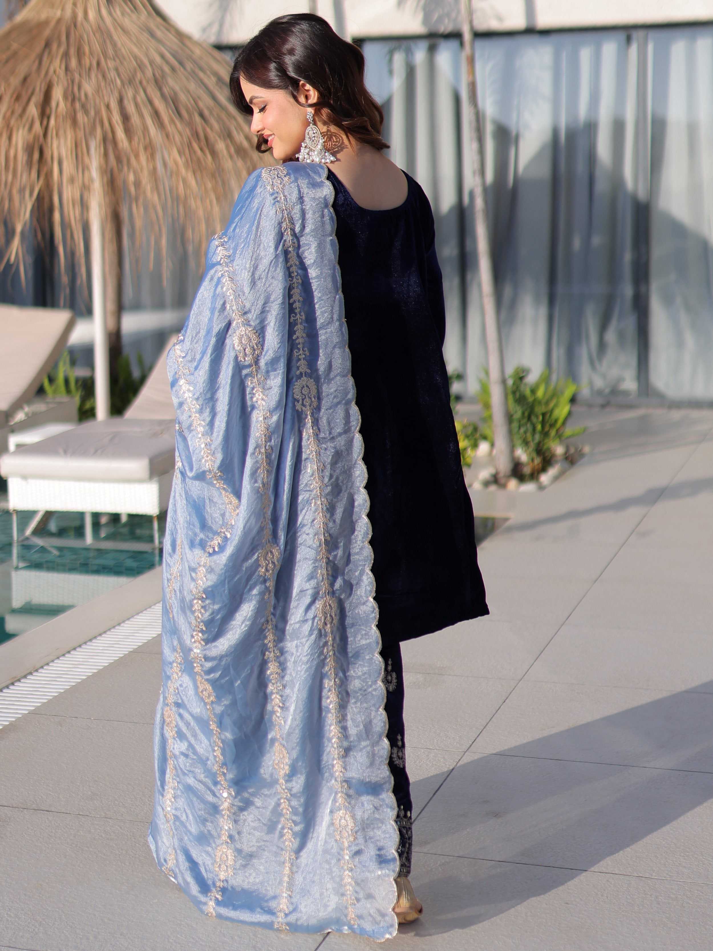 Impressive Blue Zari Embroidered Velvet Festive Wear Salwar Kameez