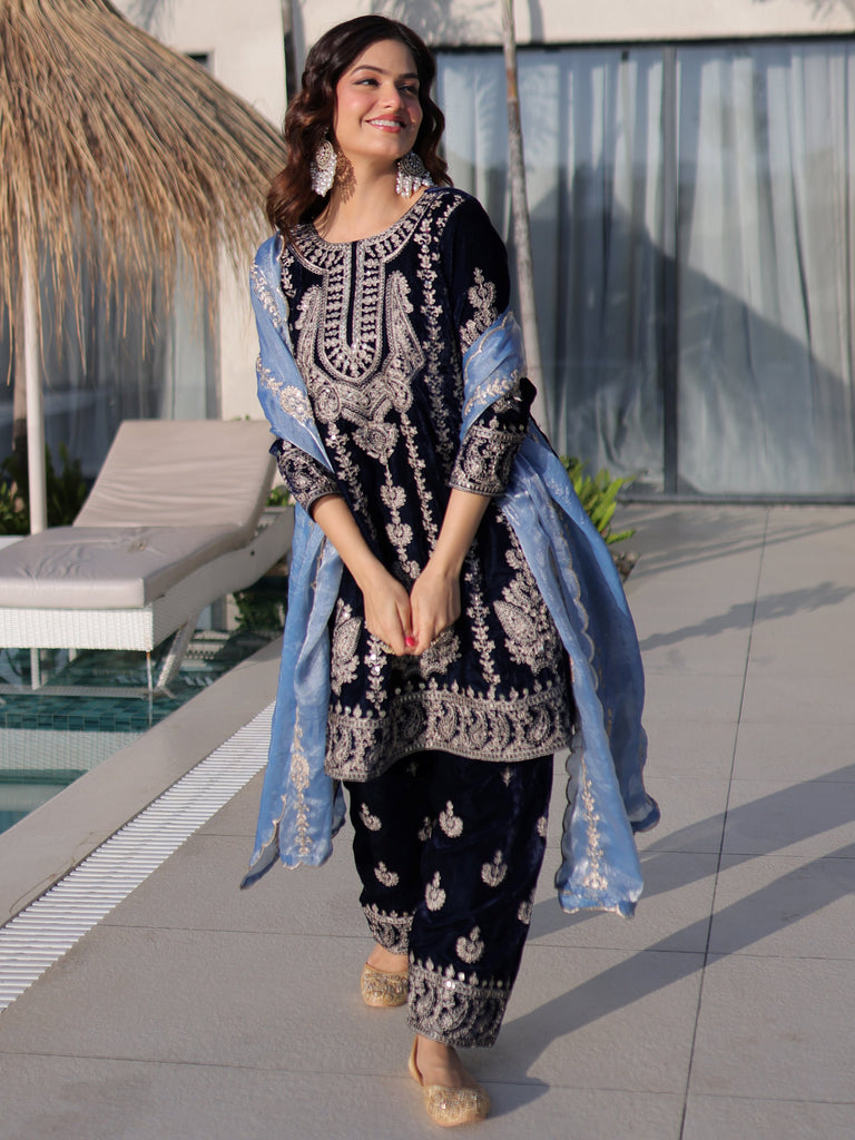 Impressive Blue Zari Embroidered Velvet Festive Wear Salwar Kameez