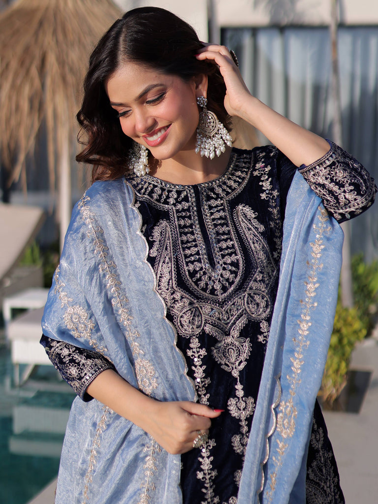 Impressive Blue Zari Embroidered Velvet Festive Wear Salwar Kameez