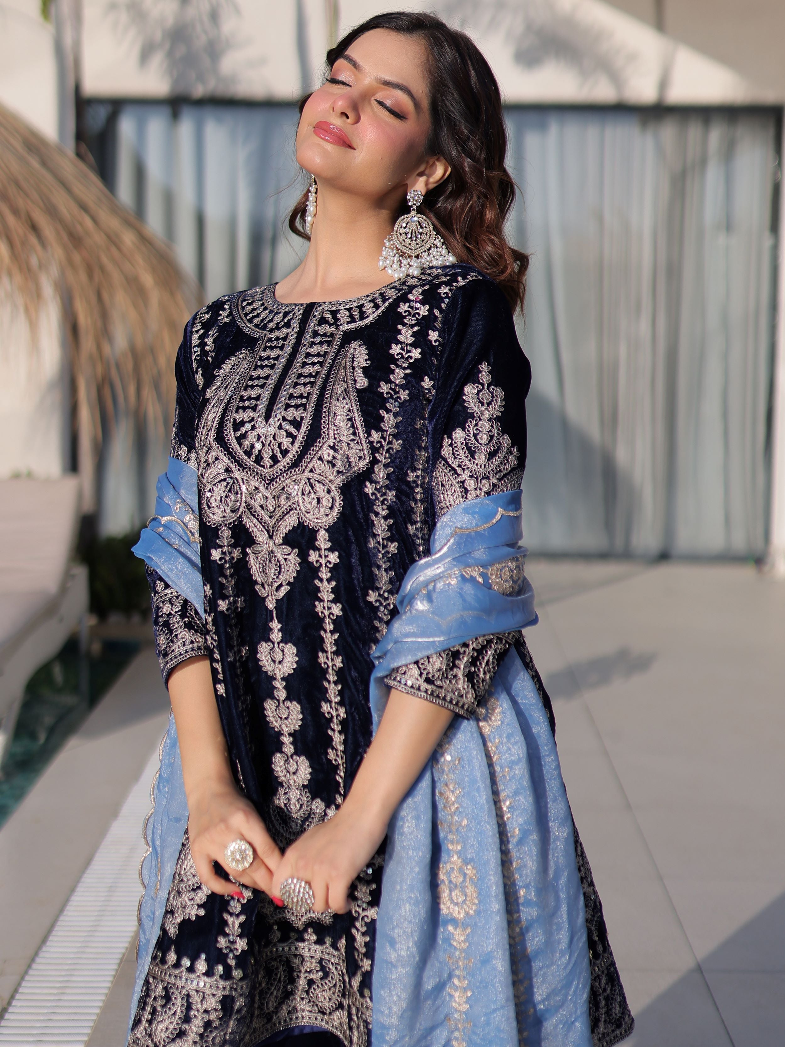 Impressive Blue Zari Embroidered Velvet Festive Wear Salwar Kameez