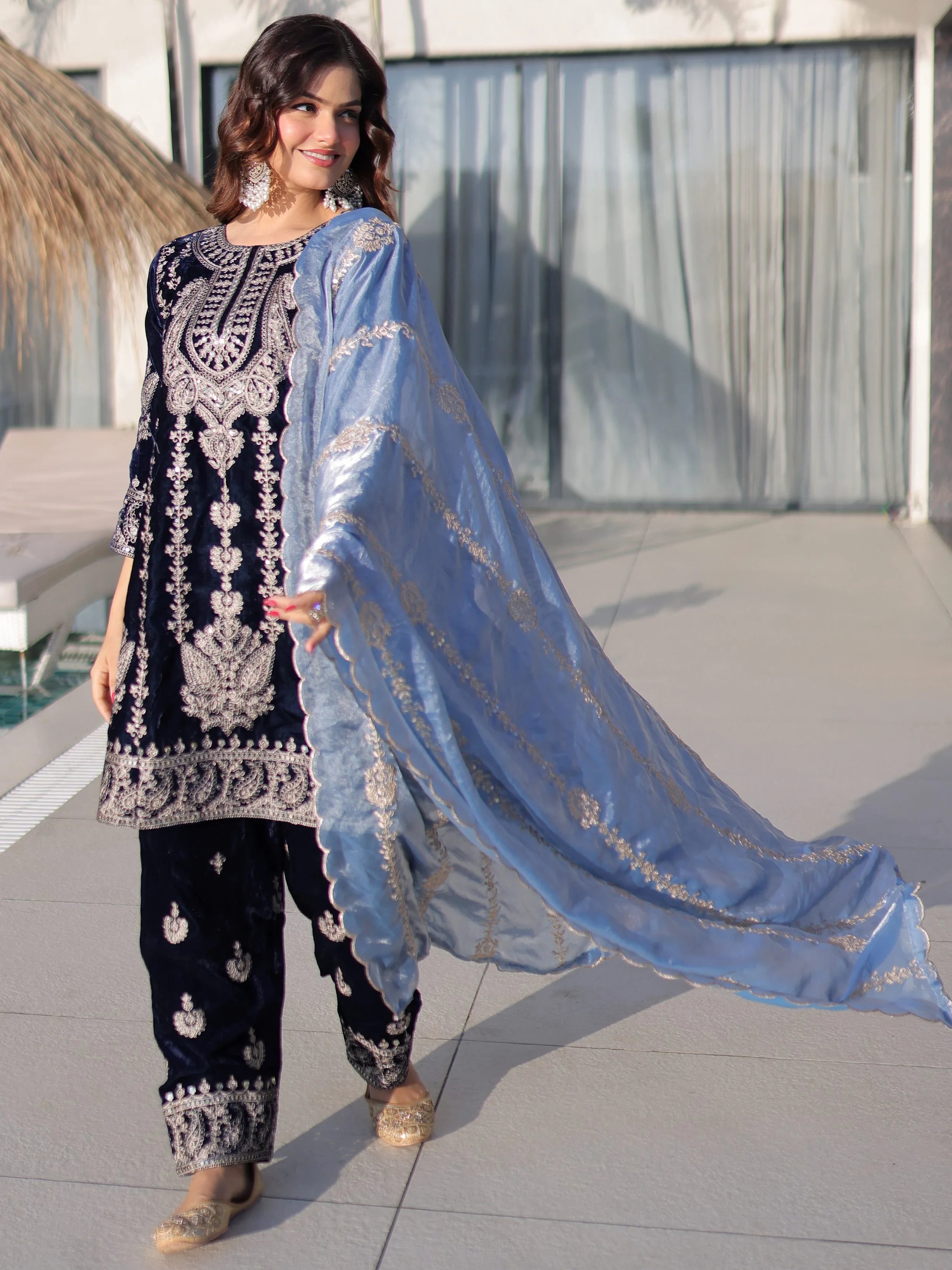 Impressive Blue Zari Embroidered Velvet Festive Wear Salwar Kameez