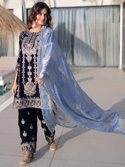 Impressive Blue Zari Embroidered Velvet Festive Wear Salwar Kameez