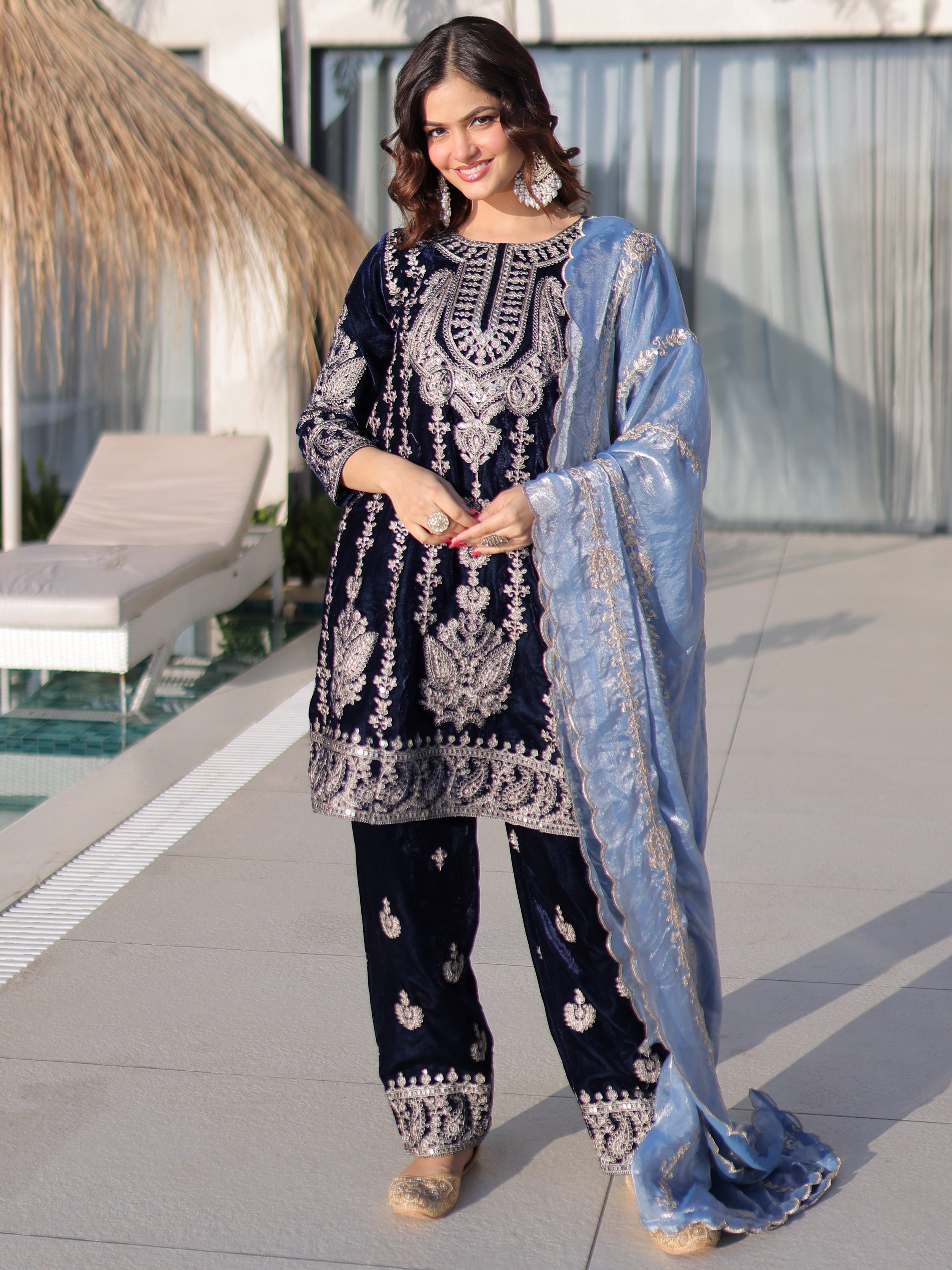 Impressive Blue Zari Embroidered Velvet Festive Wear Salwar Kameez