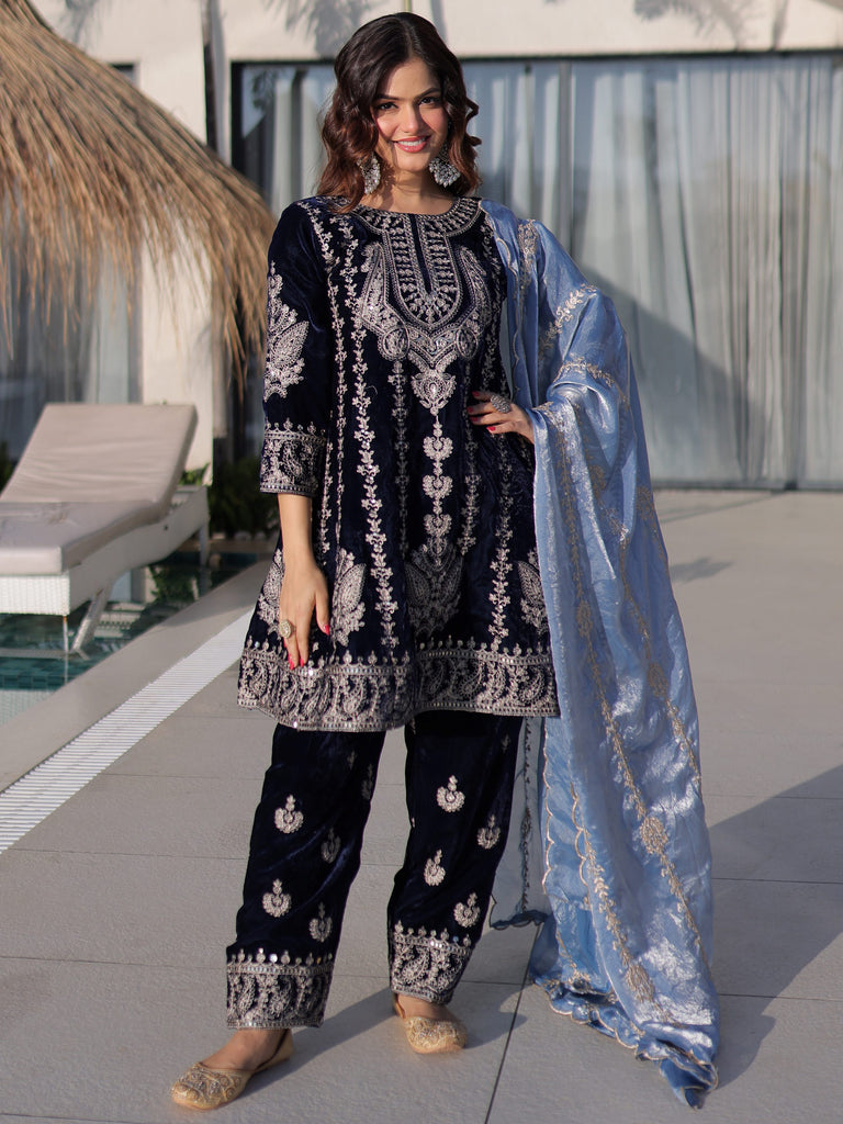 Impressive Blue Zari Embroidered Velvet Festive Wear Salwar Kameez