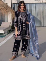 Impressive Blue Zari Embroidered Velvet Festive Wear Salwar Kameez