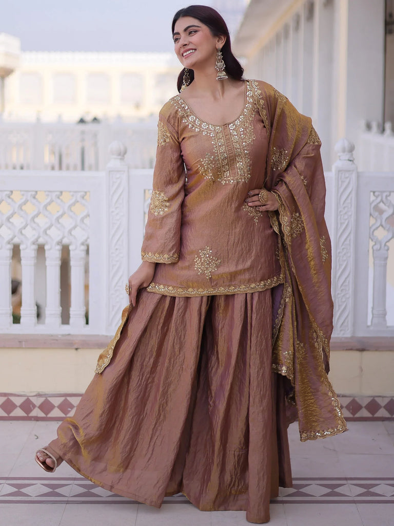 Impressive Brown Sequins Crushed Festival Wear Palazzo Suit