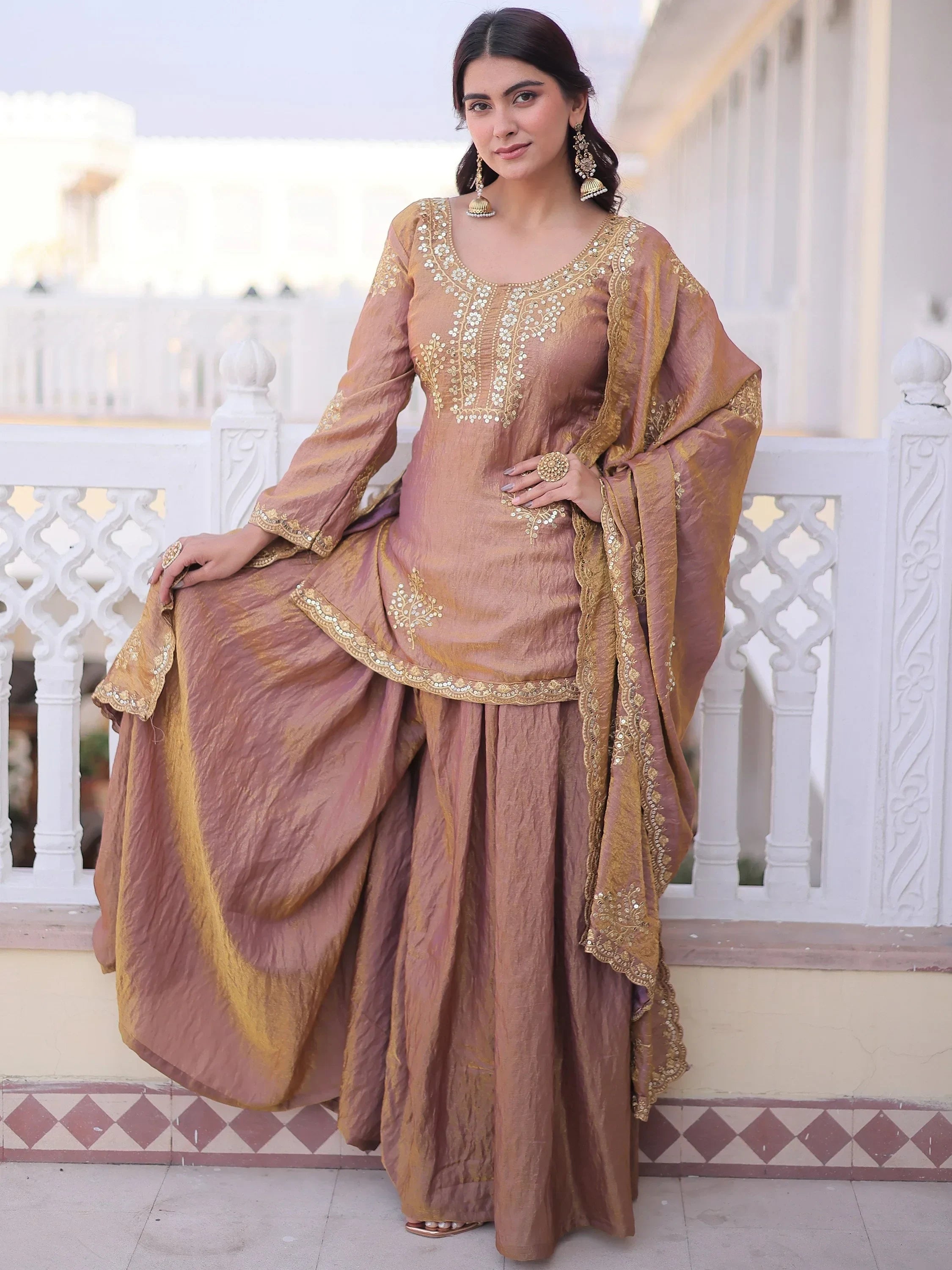 Impressive Brown Sequins Crushed Festival Wear Palazzo Suit