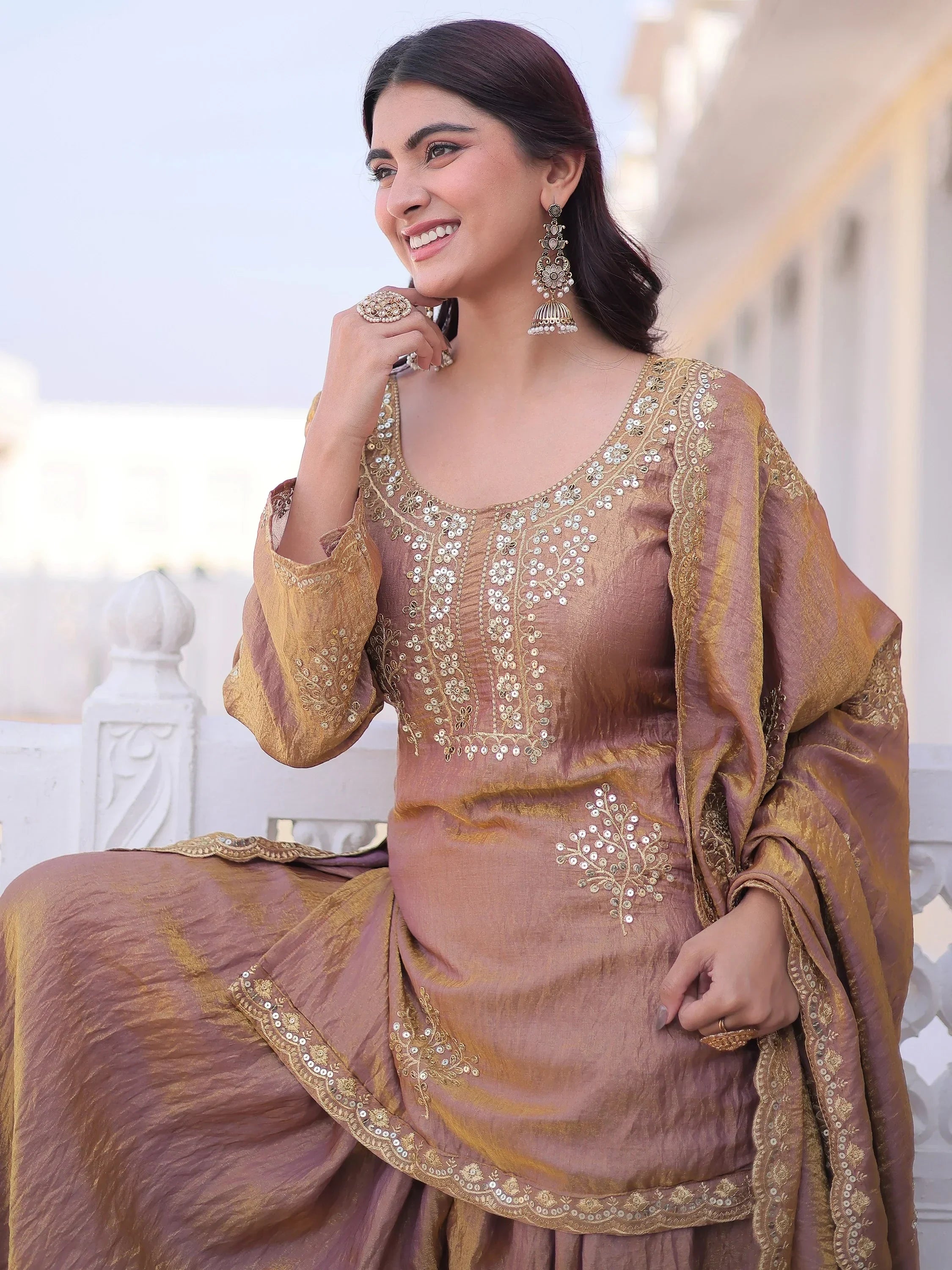 Impressive Brown Sequins Crushed Festival Wear Palazzo Suit