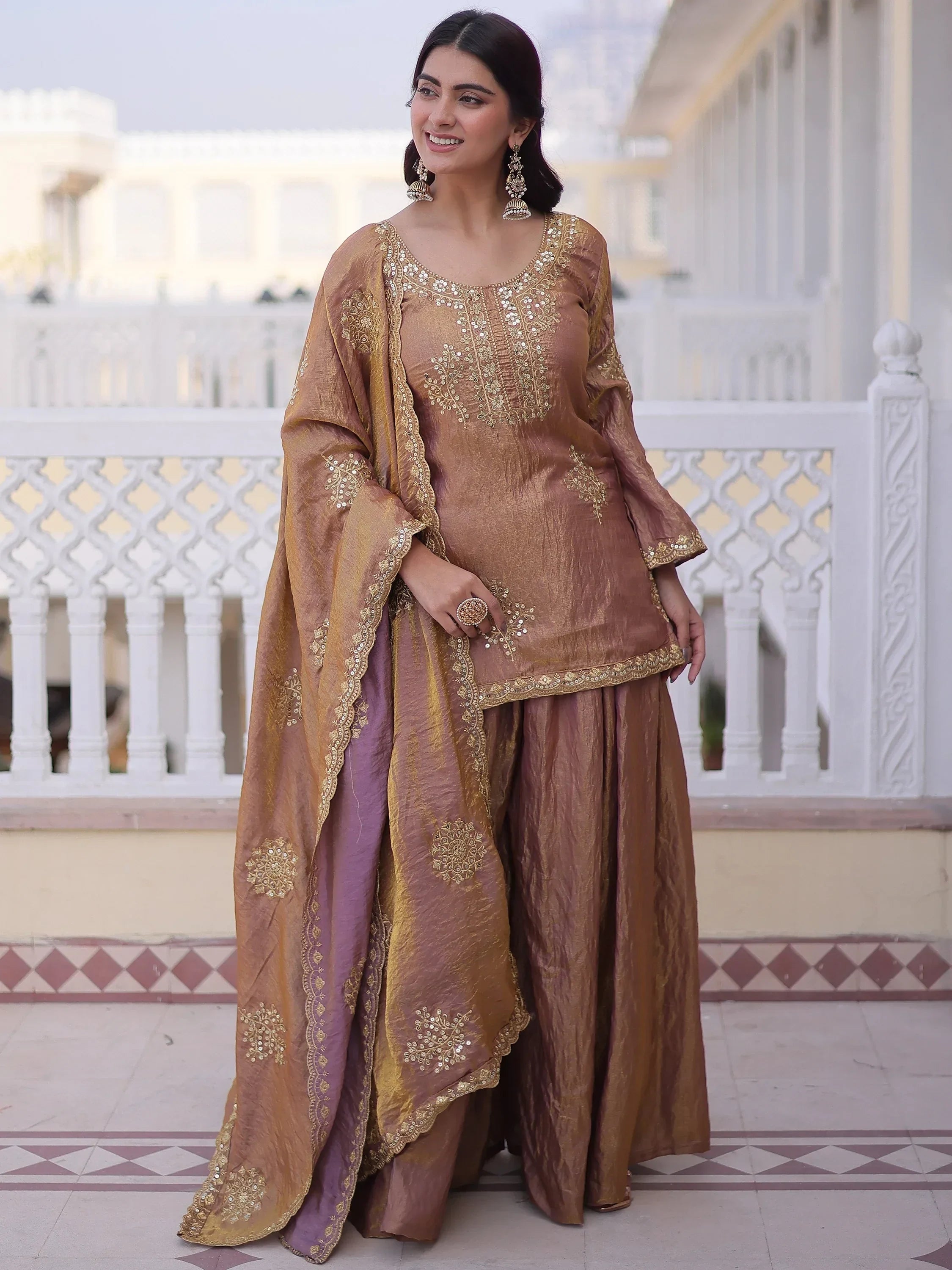 Impressive Brown Sequins Crushed Festival Wear Palazzo Suit