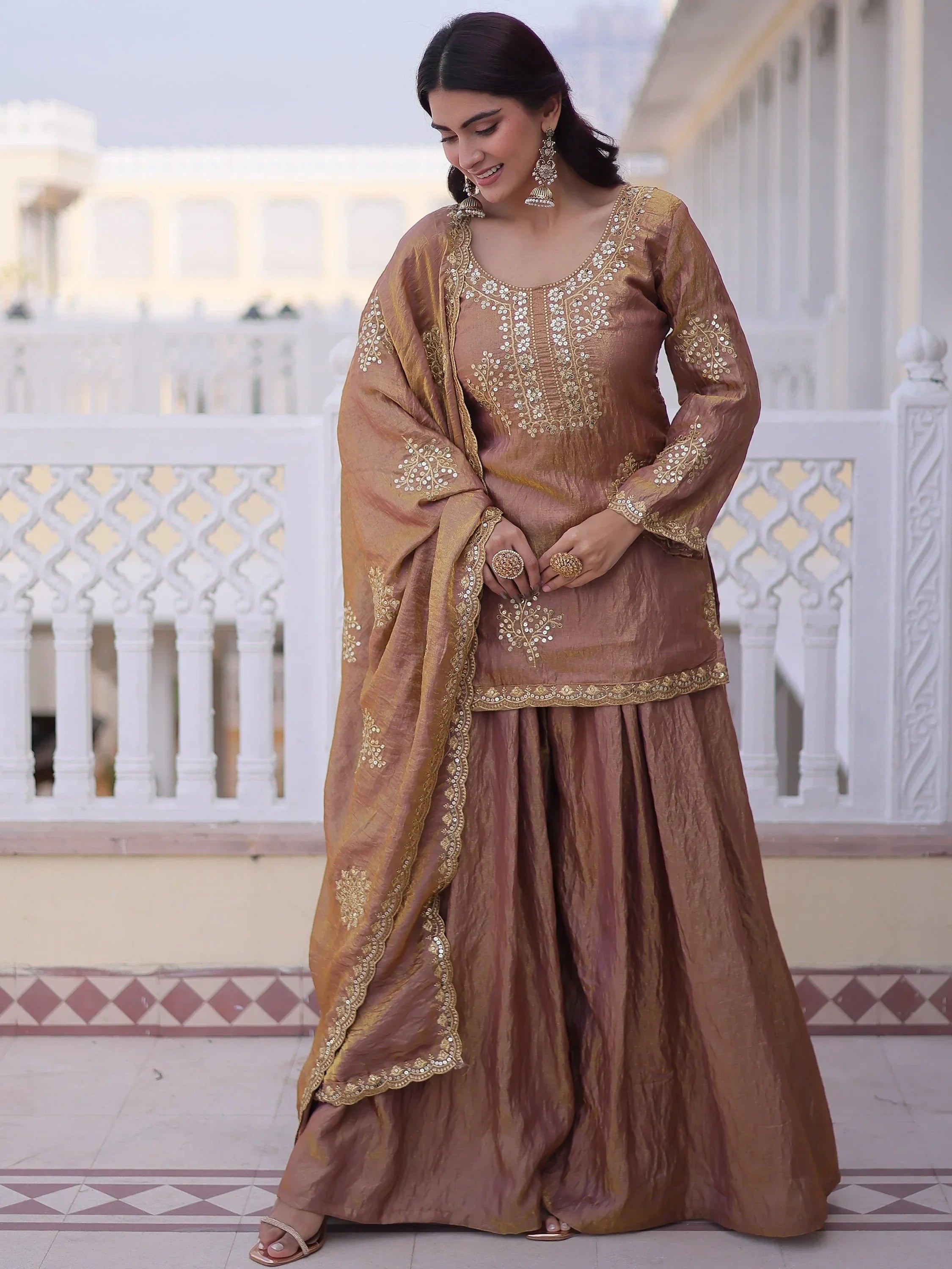 Impressive Brown Sequins Crushed Festival Wear Palazzo Suit
