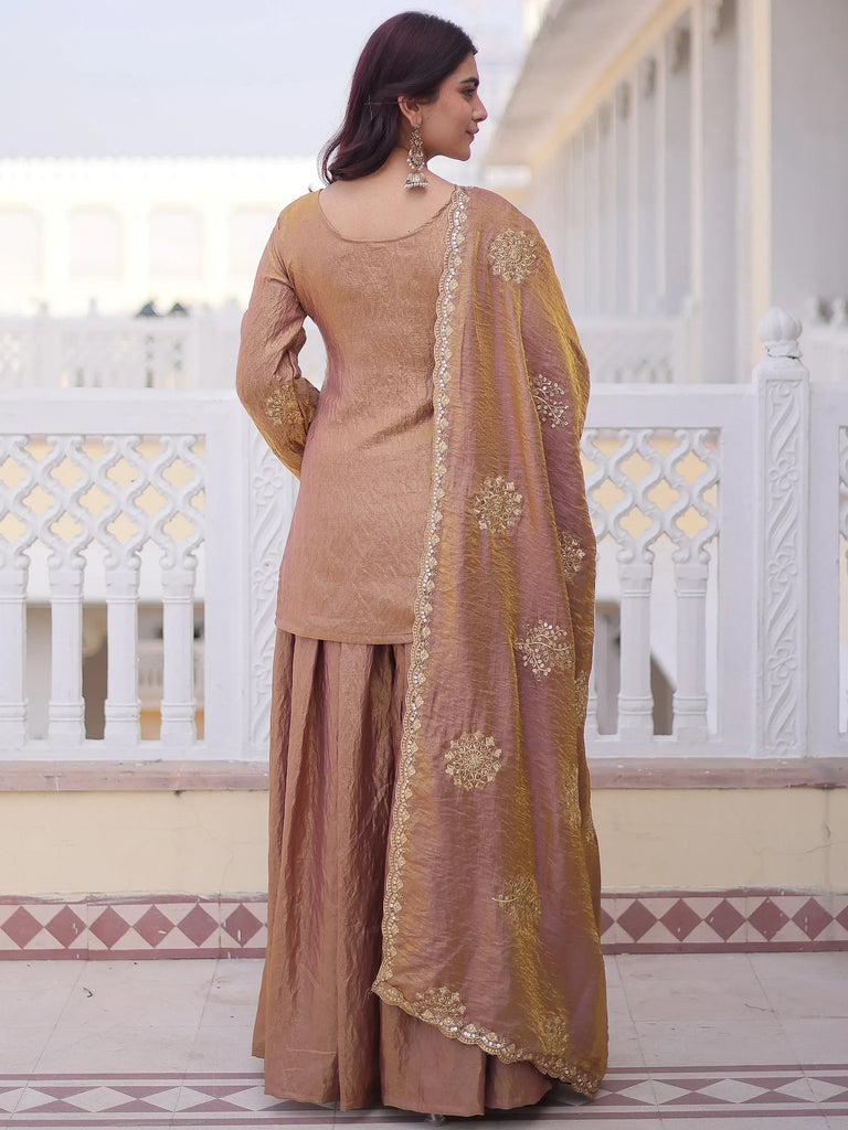Impressive Brown Sequins Crushed Festival Wear Palazzo Suit
