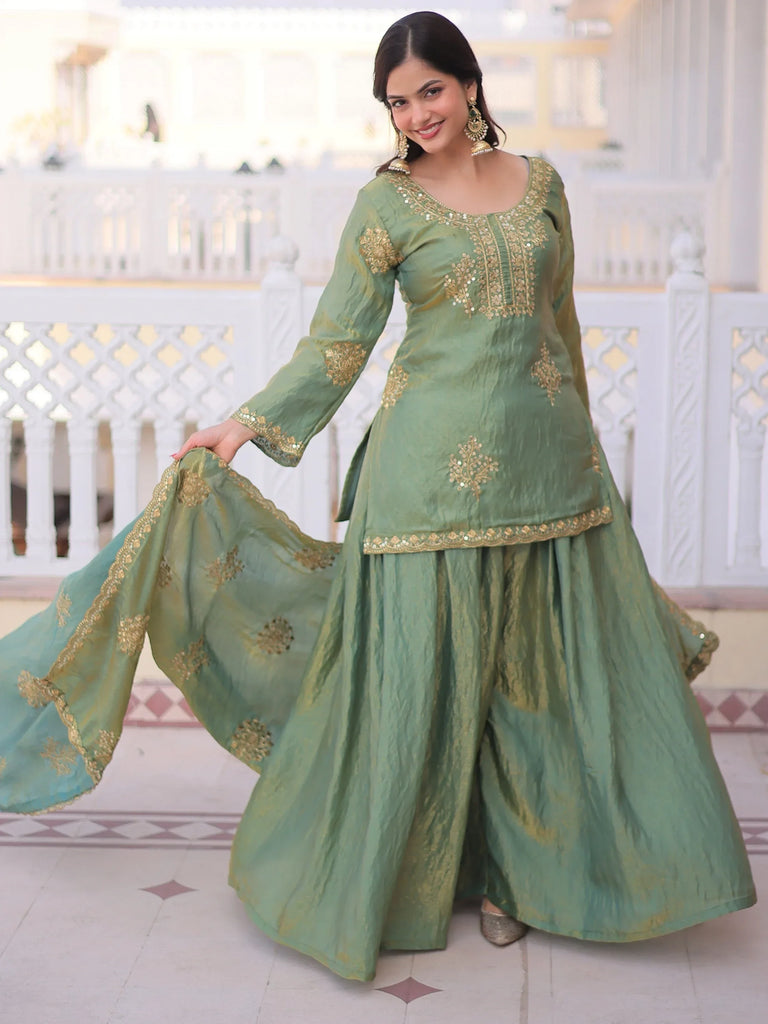 Attractive Green Sequins Crushed Function Wear Palazzo Suit