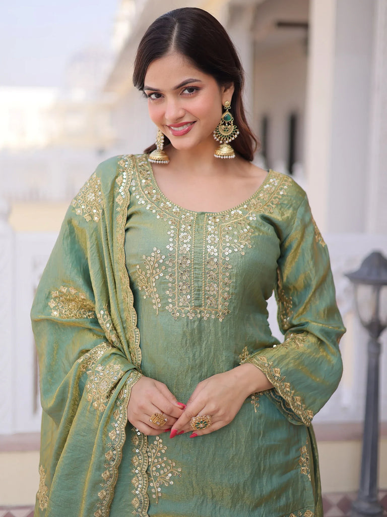 Attractive Green Sequins Crushed Function Wear Palazzo Suit