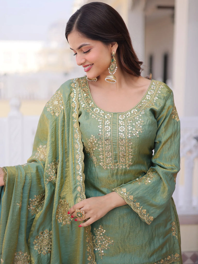 Attractive Green Sequins Crushed Function Wear Palazzo Suit