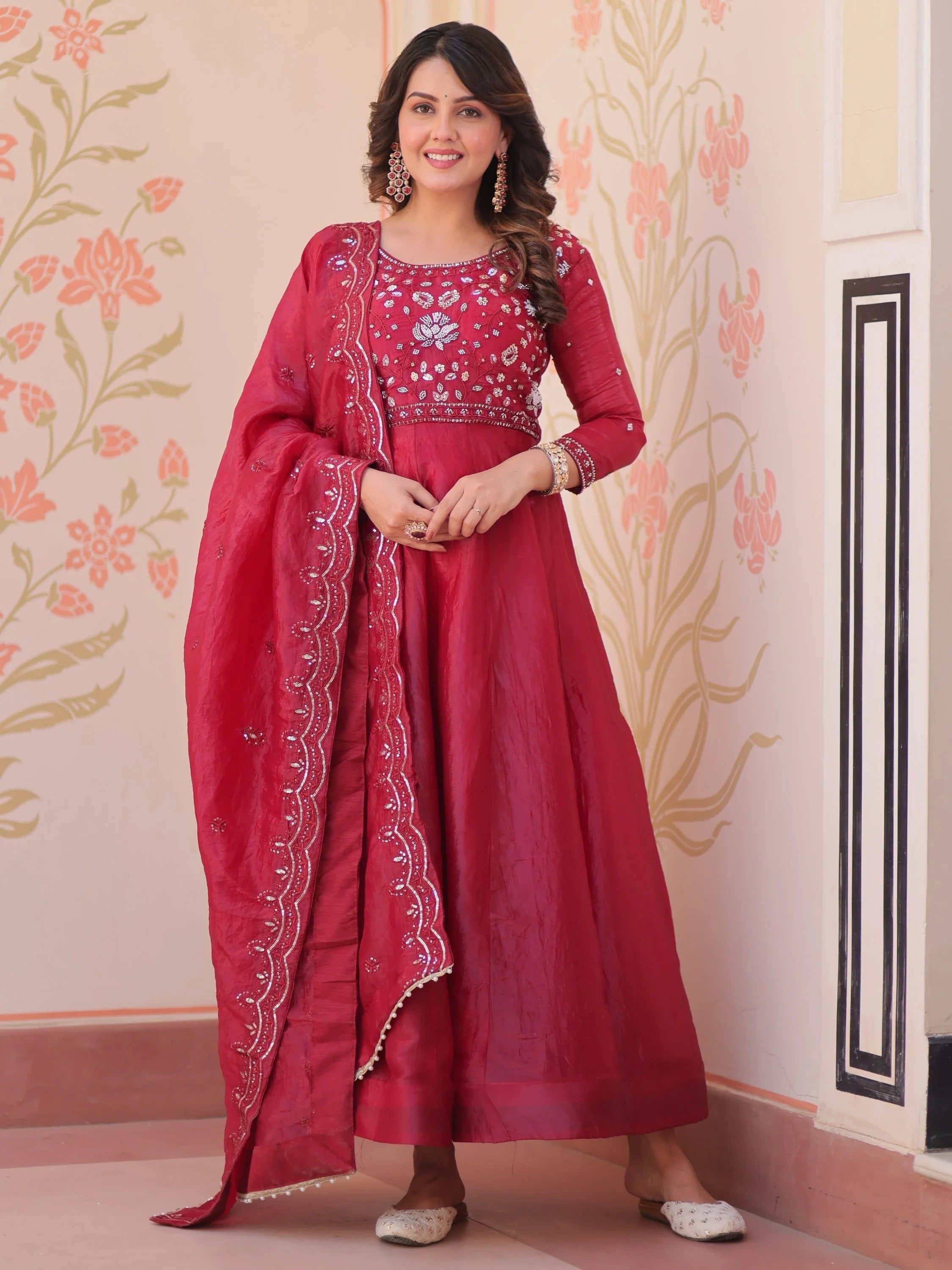 Dazzling Red Bead Embroidery Crushed Reception Wear Gown With Dupatta