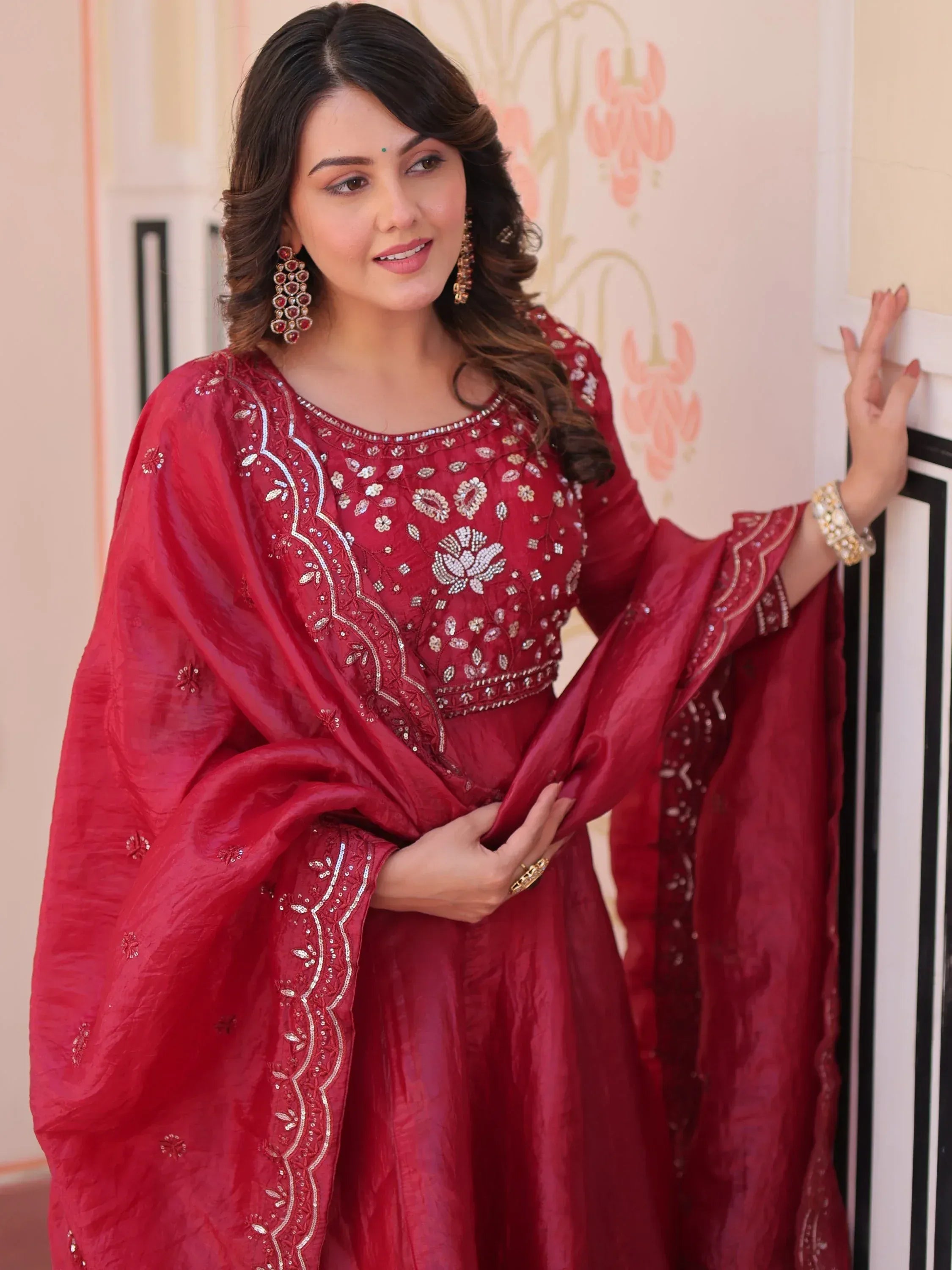 Dazzling Red Bead Embroidery Crushed Reception Wear Gown With Dupatta