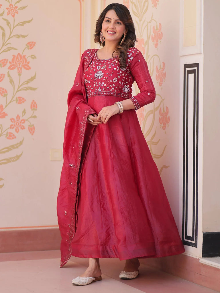 Dazzling Red Bead Embroidery Crushed Reception Wear Gown With Dupatta