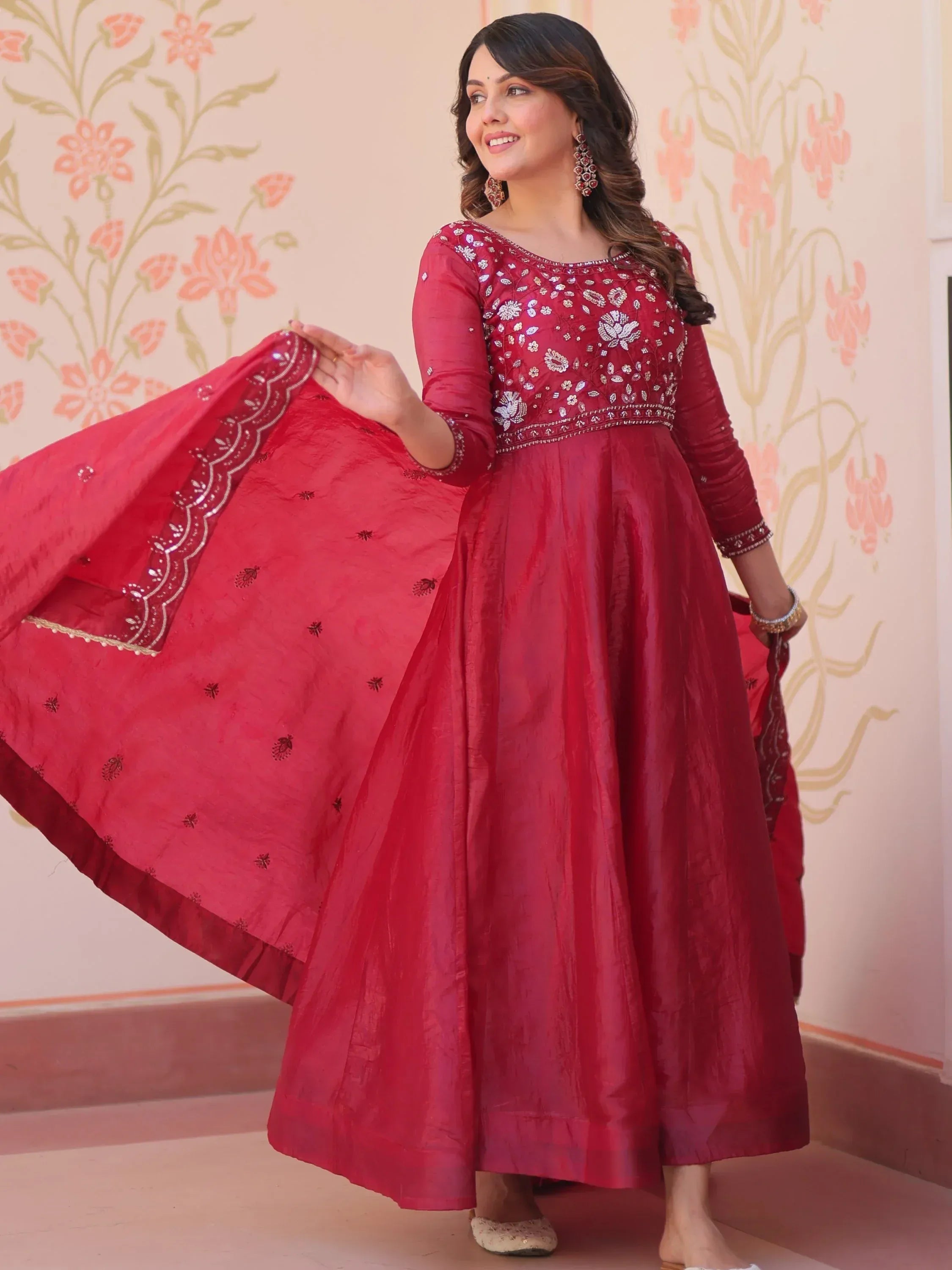 Dazzling Red Bead Embroidery Crushed Reception Wear Gown With Dupatta