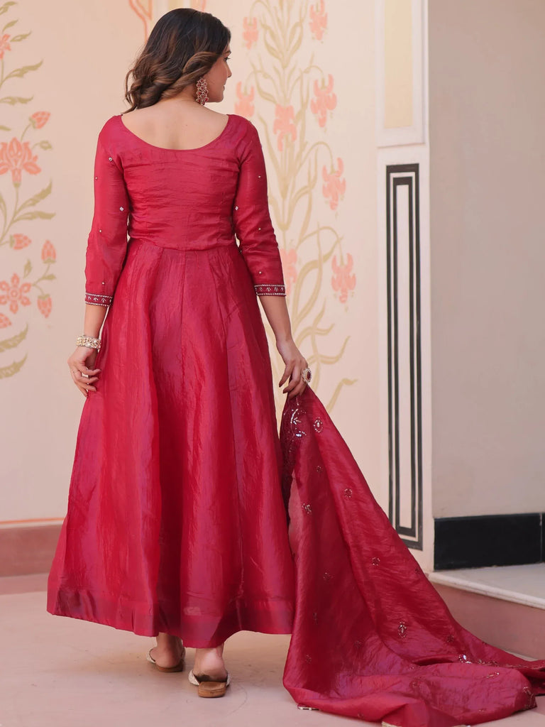 Dazzling Red Bead Embroidery Crushed Reception Wear Gown With Dupatta