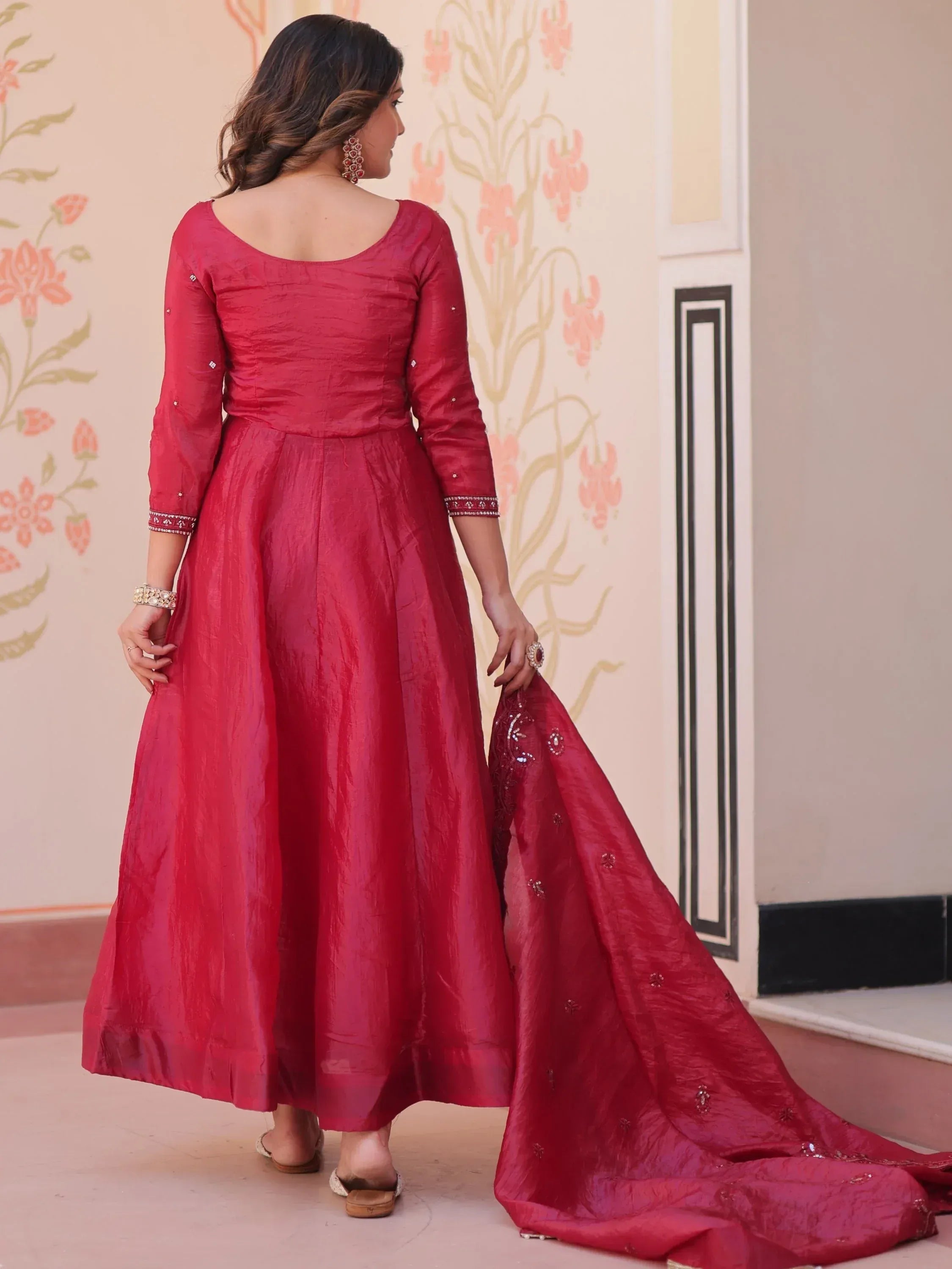 Dazzling Red Bead Embroidery Crushed Reception Wear Gown With Dupatta