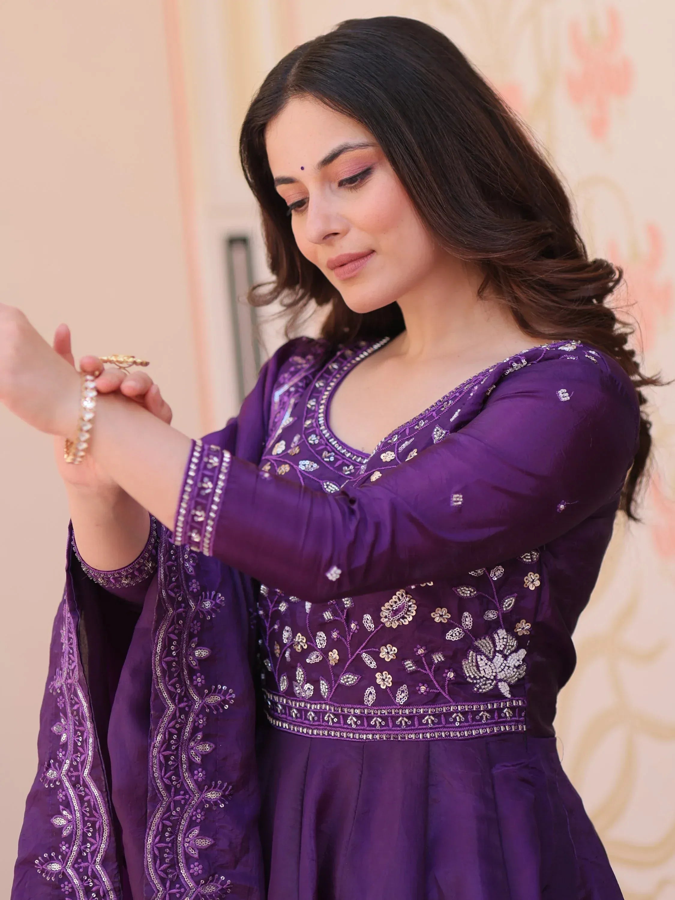 Charming Purple Bead Work Crushed Evening Wear Gown With Dupatta