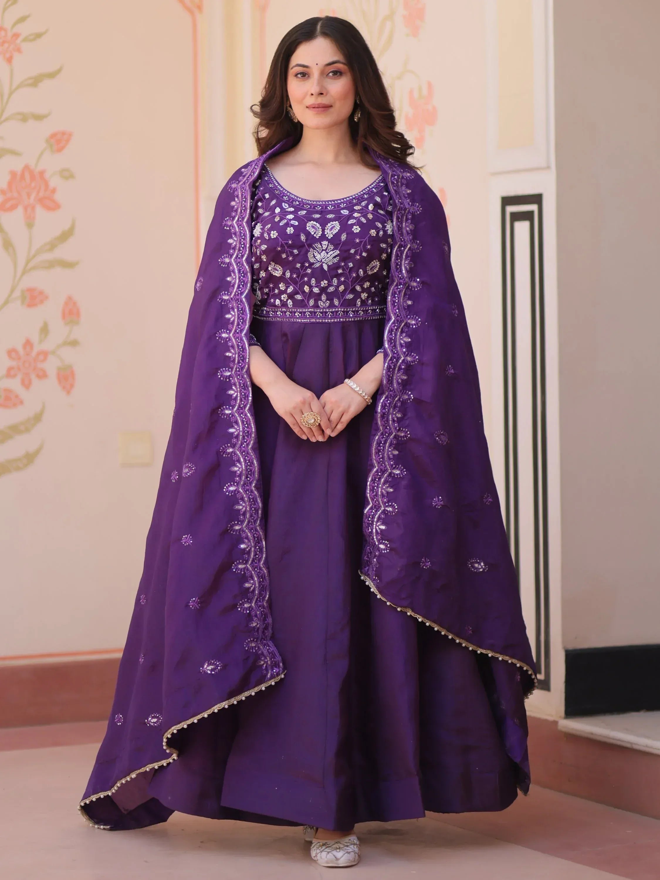 Charming Purple Bead Work Crushed Evening Wear Gown With Dupatta