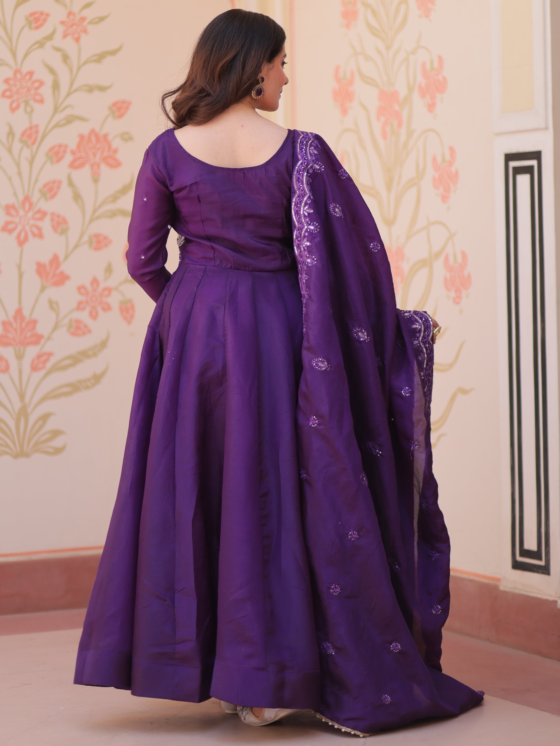 Charming Purple Bead Work Crushed Evening Wear Gown With Dupatta