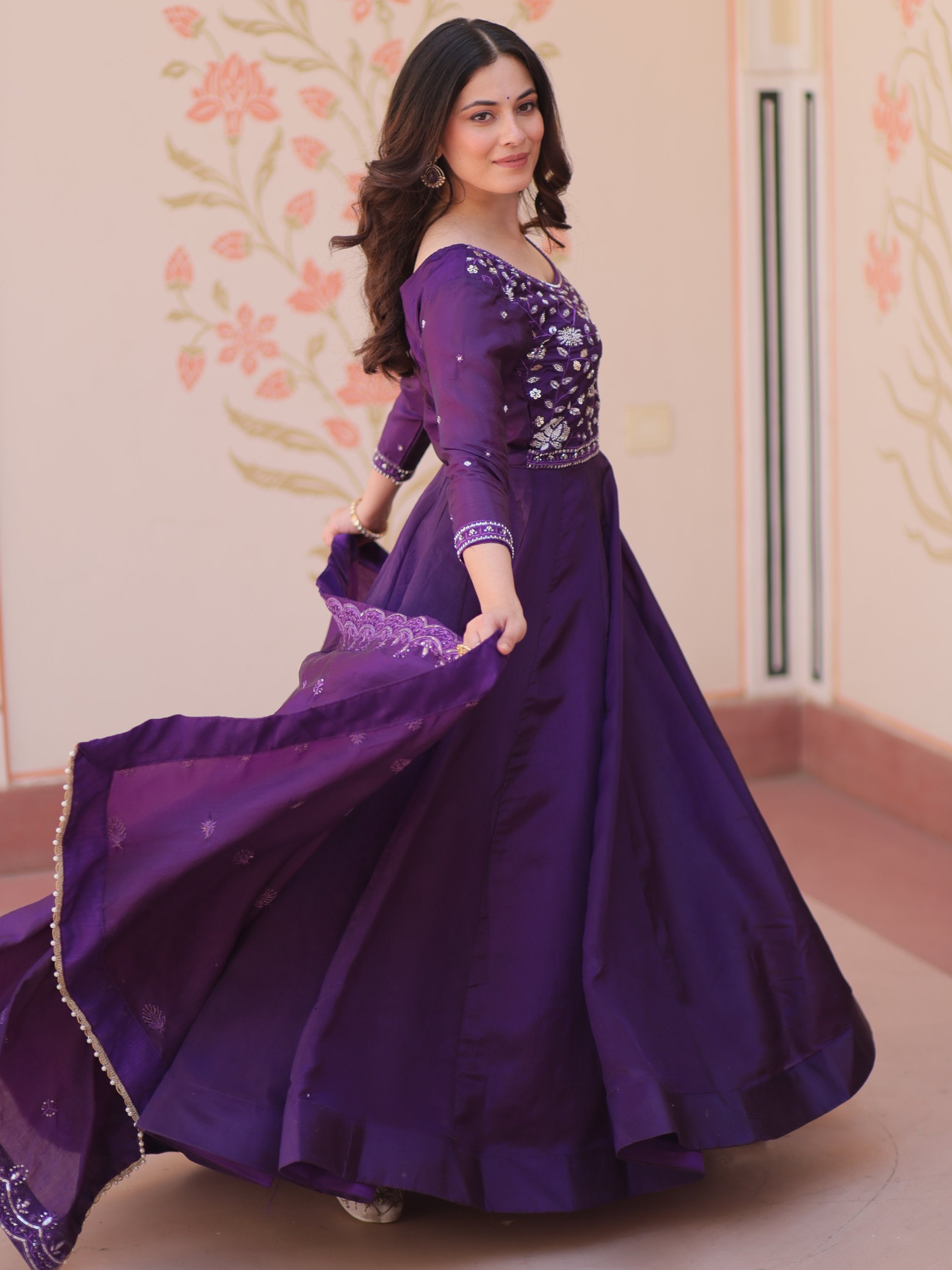 Charming Purple Bead Work Crushed Evening Wear Gown With Dupatta