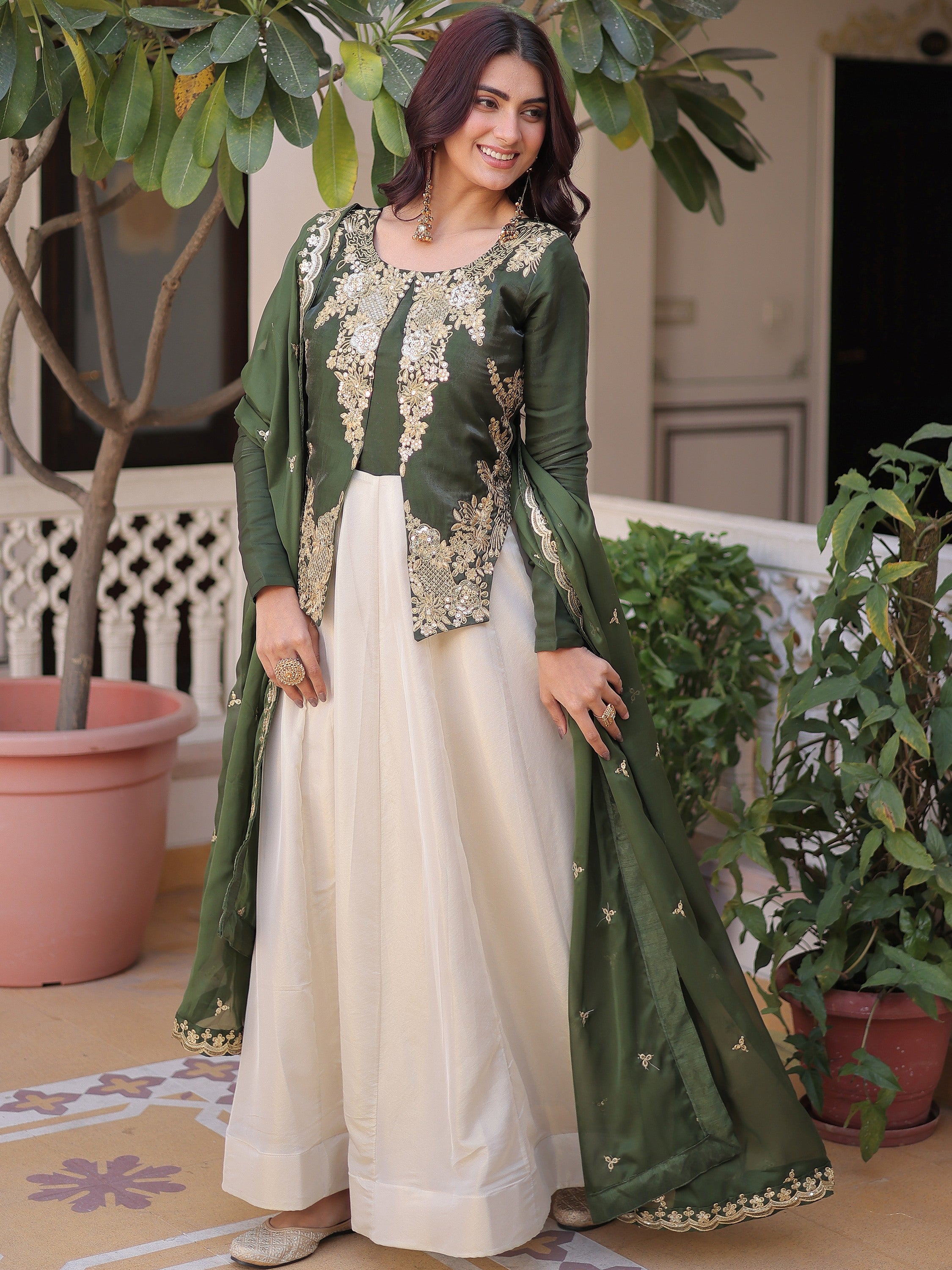 Charming Green Thread Embroidered Silk Festival Wear Gown With Dupatta