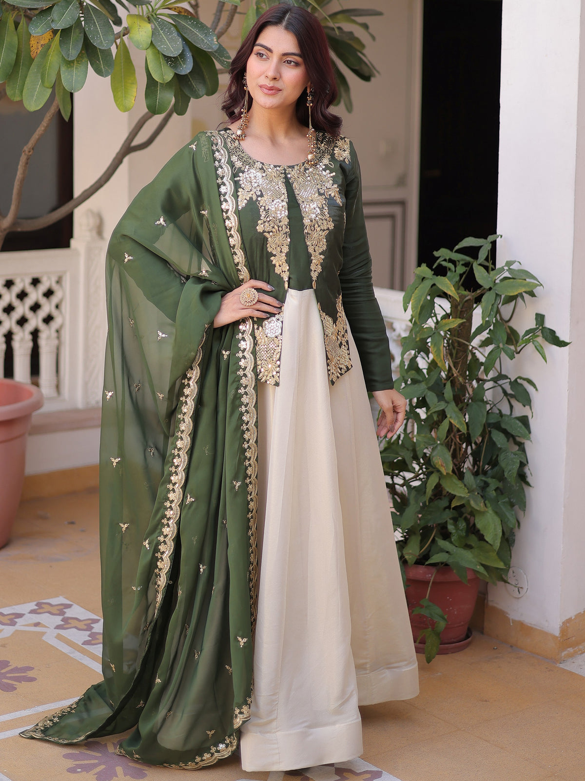 Charming Green Thread Embroidered Silk Festival Wear Gown With Dupatta
