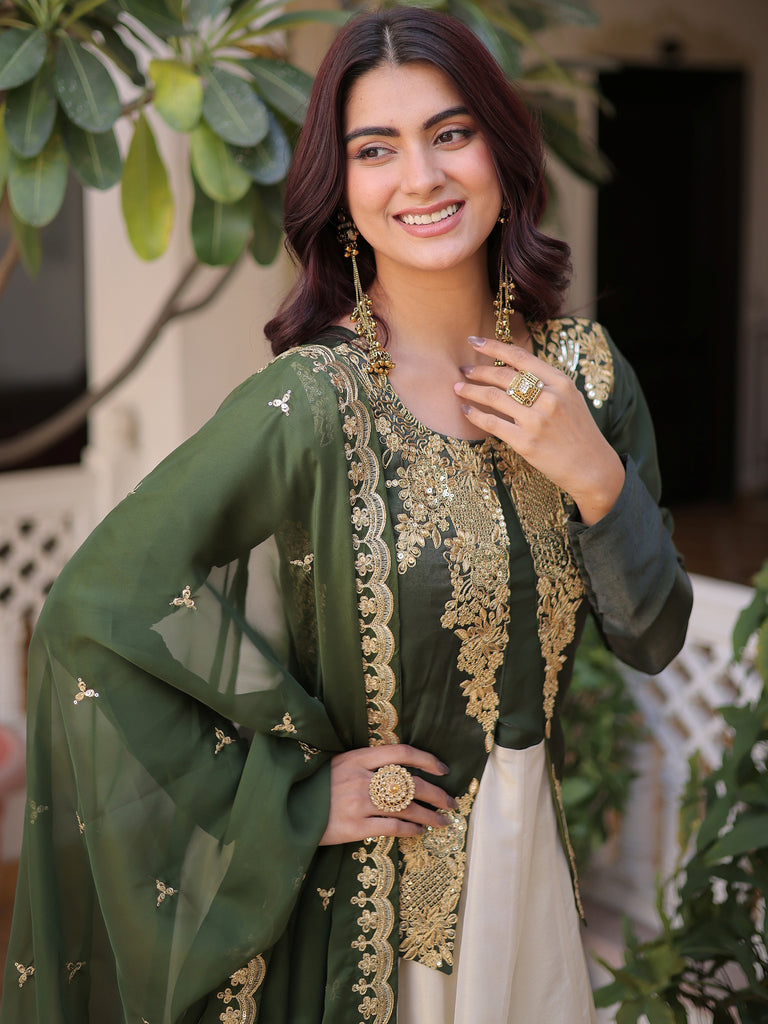 Charming Green Thread Embroidered Silk Festival Wear Gown With Dupatta
