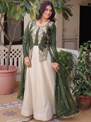 Charming Green Thread Embroidered Silk Festival Wear Gown With Dupatta