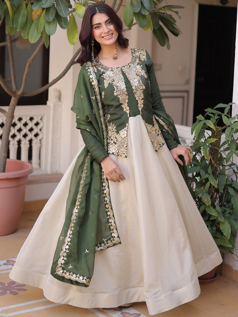Charming Green Thread Embroidered Silk Festival Wear Gown With Dupatta