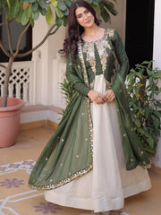 Charming Green Thread Embroidered Silk Festival Wear Gown With Dupatta