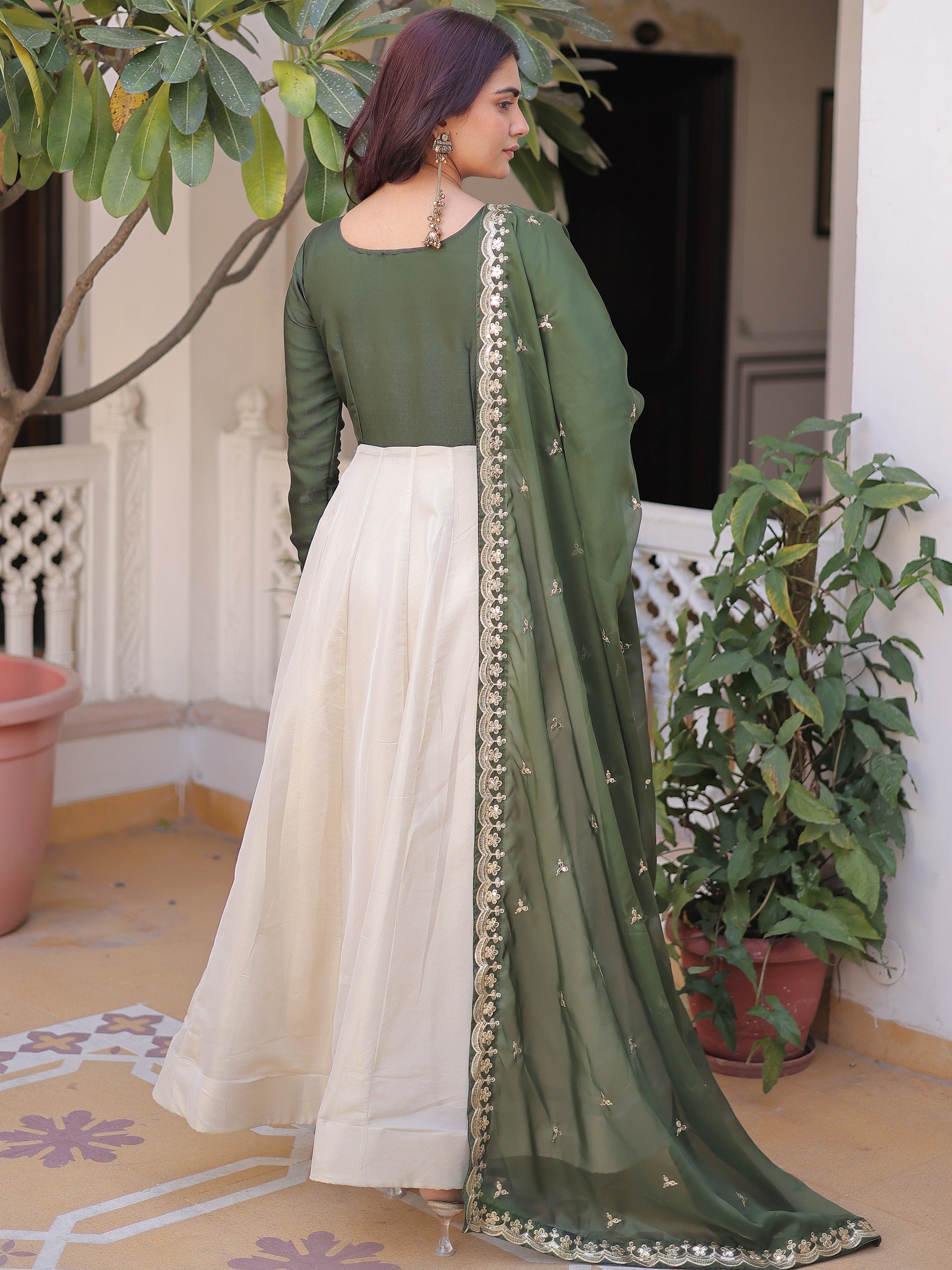Charming Green Thread Embroidered Silk Festival Wear Gown With Dupatta