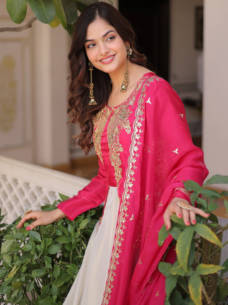 Dazzling Pink Thread Embroidered Silk Function Wear Gown With Dupatta