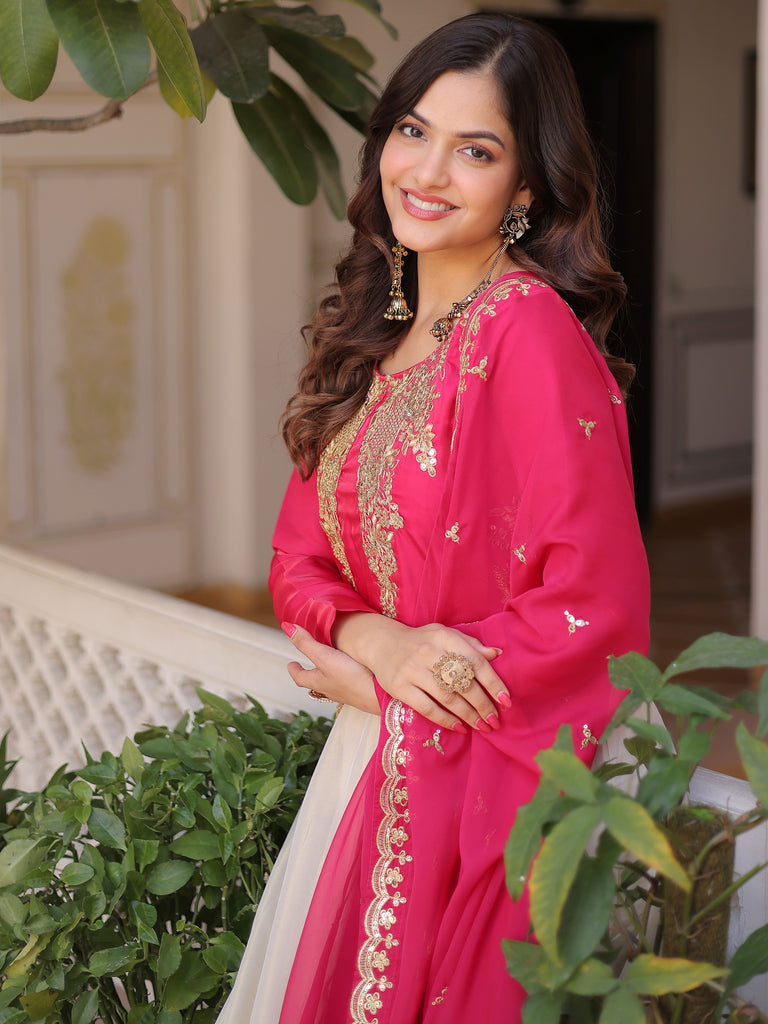 Dazzling Pink Thread Embroidered Silk Function Wear Gown With Dupatta