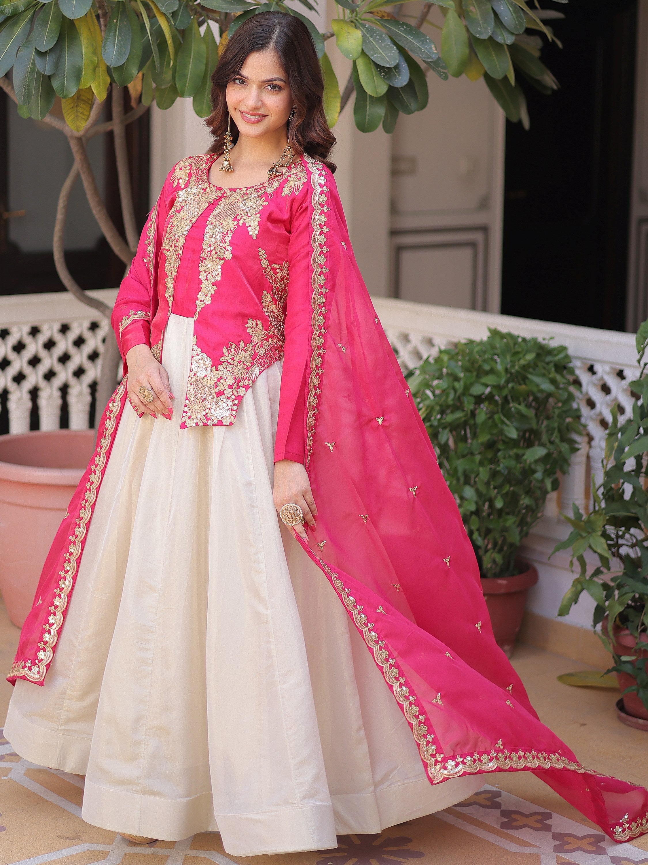 Dazzling Pink Thread Embroidered Silk Function Wear Gown With Dupatta